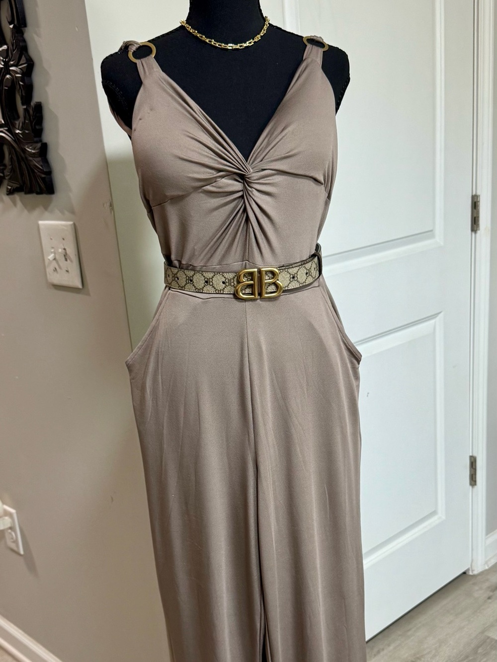 Amazon Taupe Sleeveless Wide-Leg Jumpsuit with Twisted Front